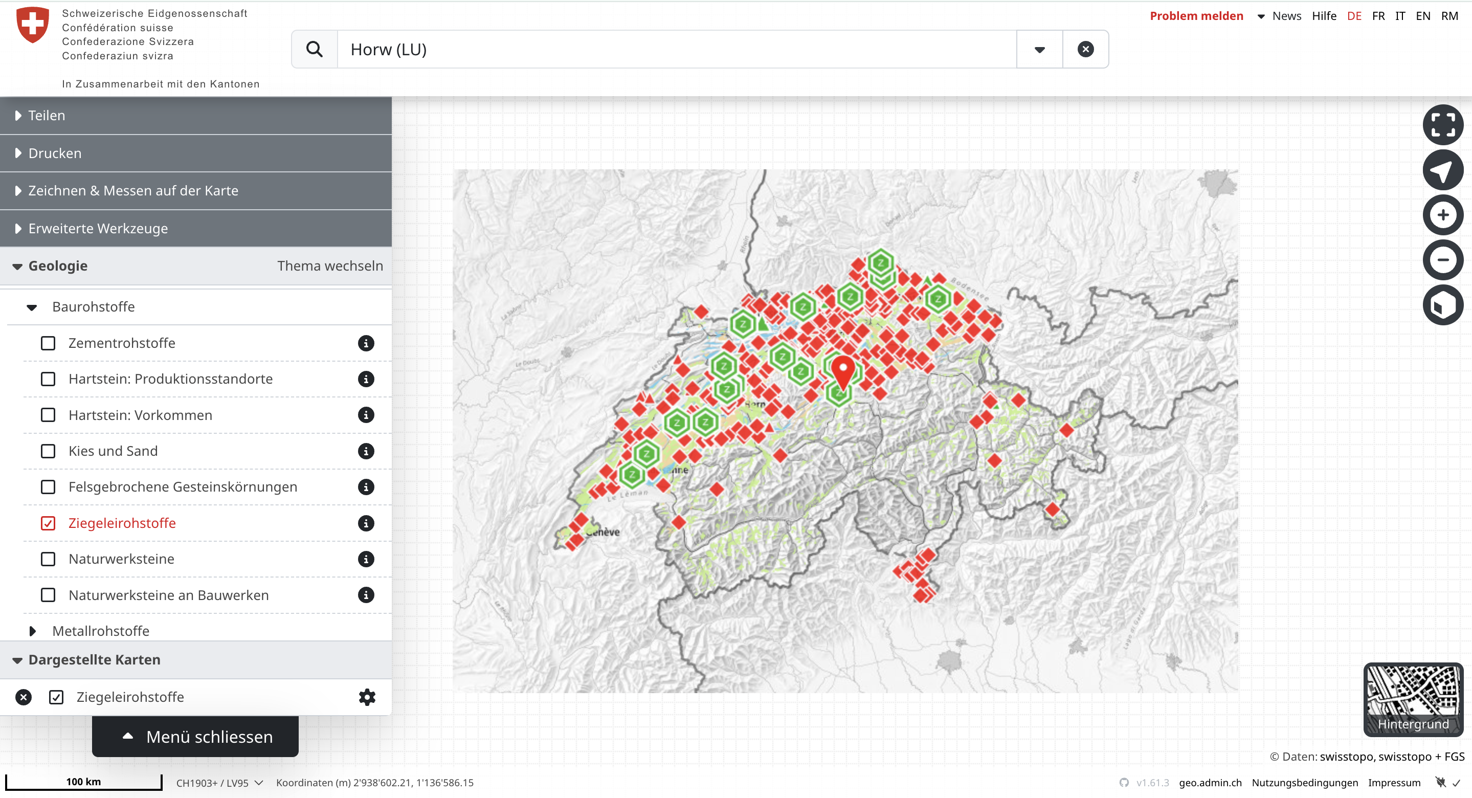 Ansicht von www.map.geo.admin.ch, das geologische Daten der Schweiz zeigt. Markiert: Ziegeleirohstoffe auf Karte der Schweiz.
